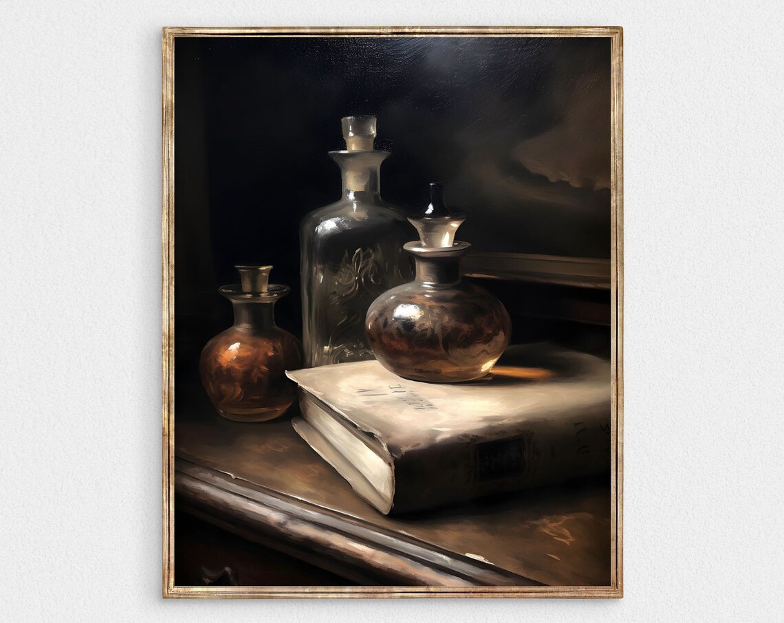 Old Bottles Moody Antique Perfume Bottle Art Print
