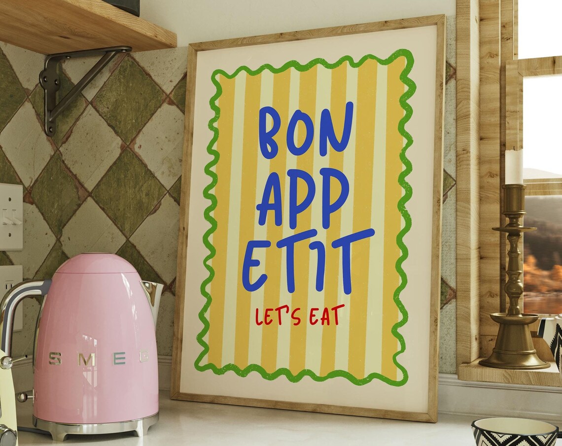 Bon Appetit Lets Eat Retro Striped Kitchen Typography Art Poster