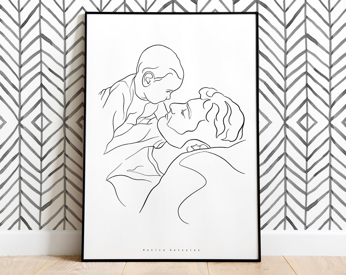 Father Kissing Baby Cheek Minimalist Single Line Art Portrait Poster