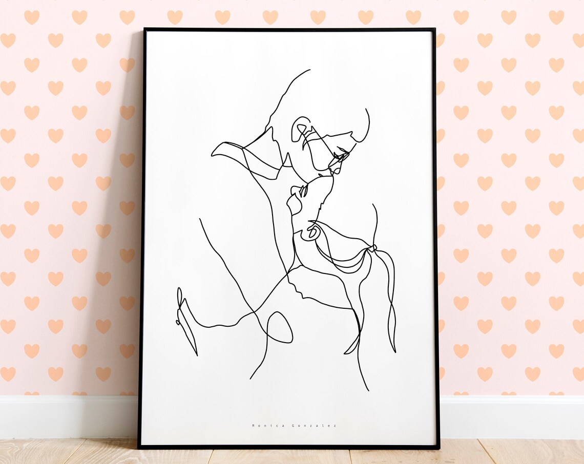 Romantic Couple Kissing Continuous Single Line Art Love Poster