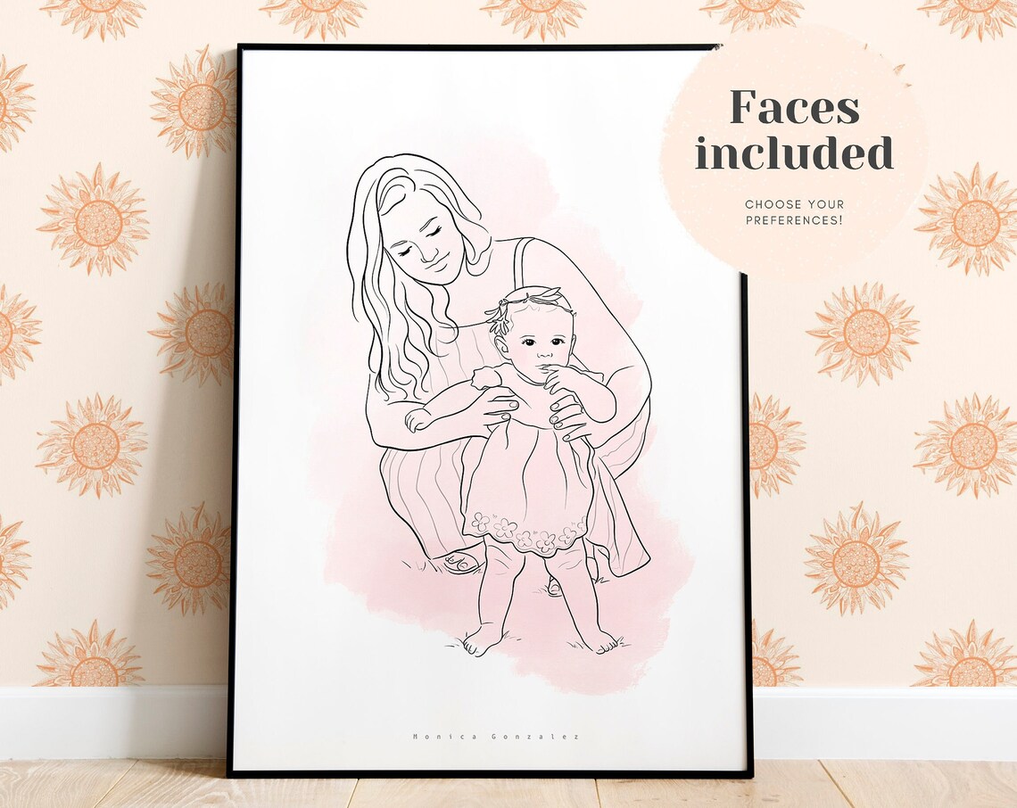 Custom Mother and Baby Line Portrait with Faces Poster Keepsake Gift