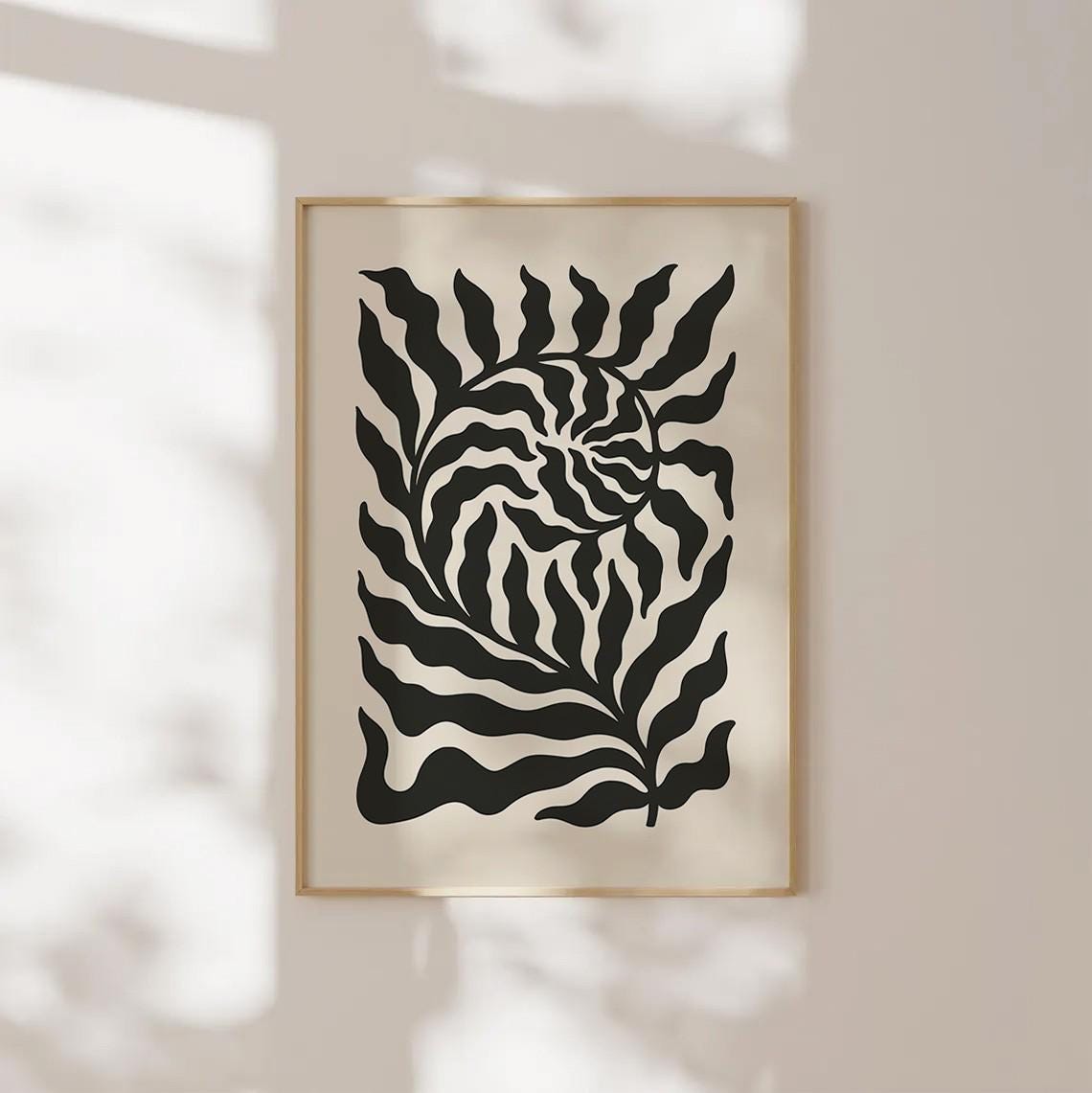 Black Monochrome Abstract Leaf Botanical Modern Boho Art Poster