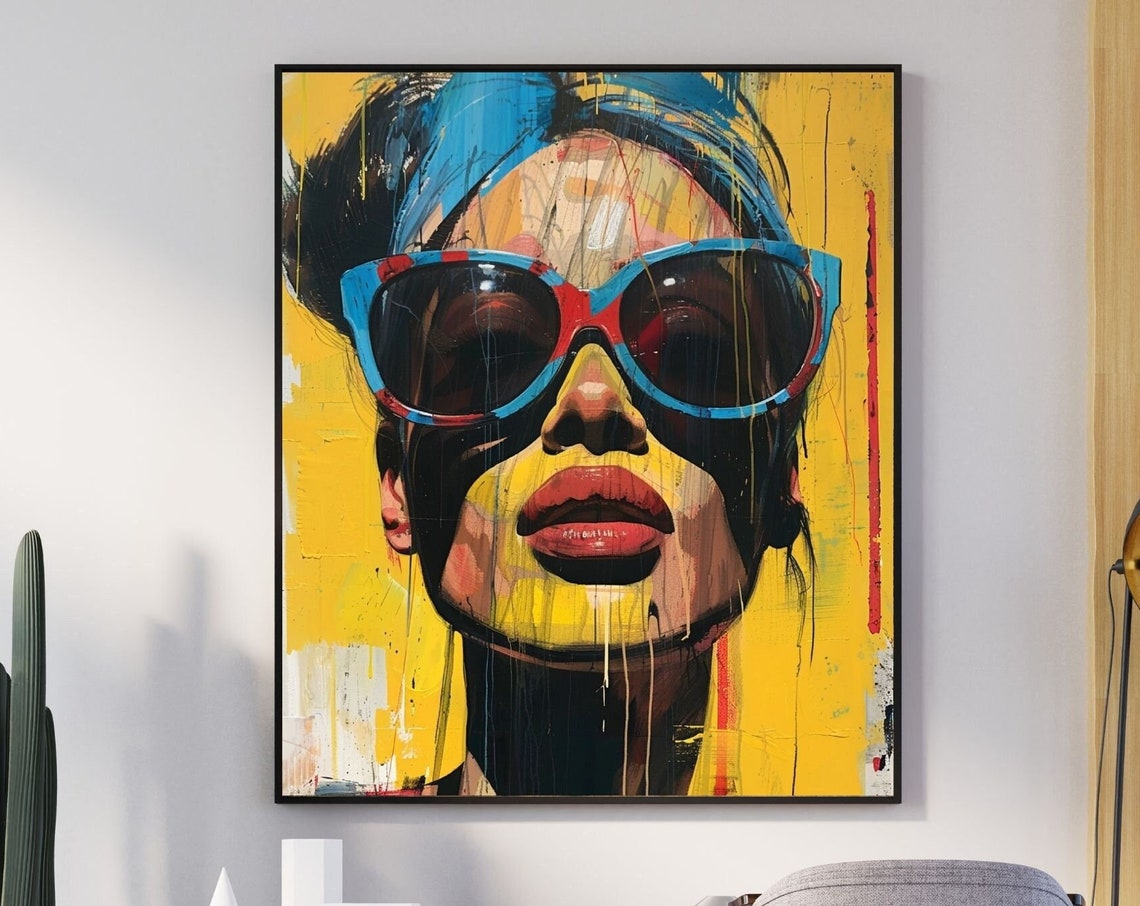 Bold Pop Art Woman With Big Sunglasses Poster On Yellow Paint