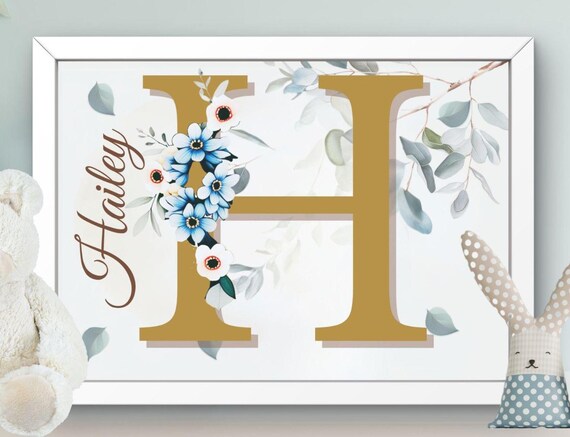 Hailey Floral Letter H Gold Monogram Blue Flowers Nursery Print