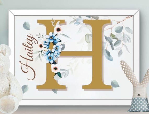 Personalized Nursery Decor Poster Wall Art For Kids Letter Flower Wreath