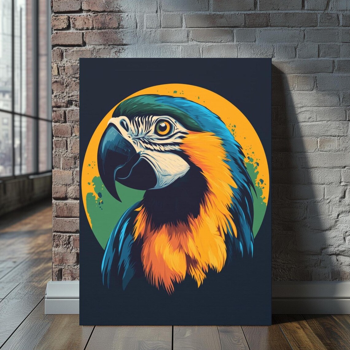 Blue and Yellow Macaw Parrot Head Retro Sun Circle Bird Art Poster