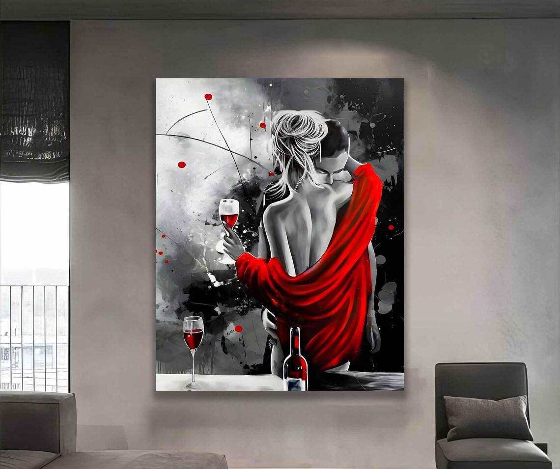 Elegant Woman With Wine Glass Draped In Flowing Red Silk Wall Art - Image 4