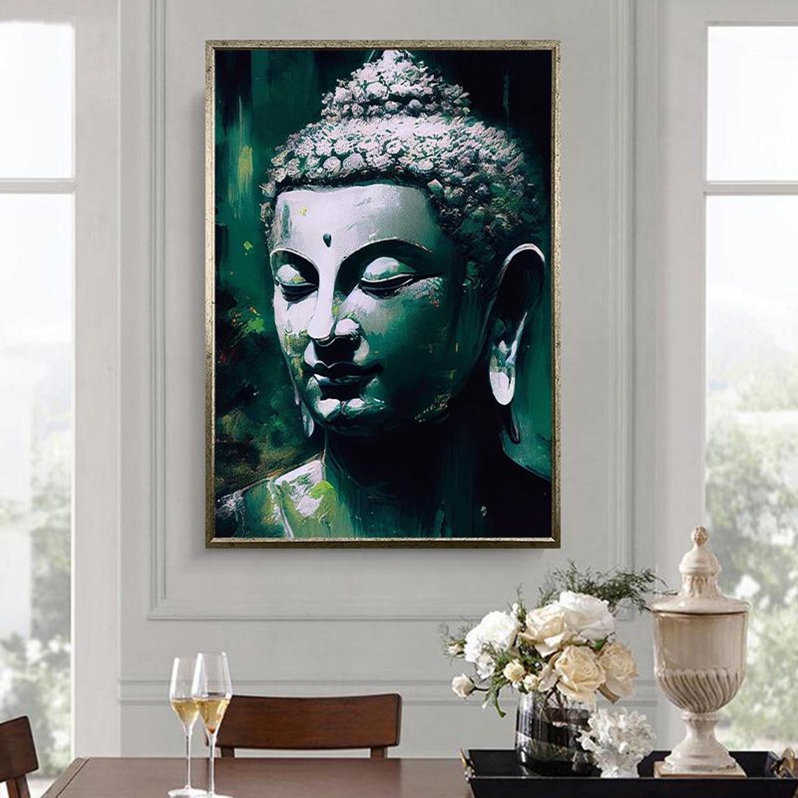 Emerald Green Buddha Face Serene Spiritual Painting Wall Art