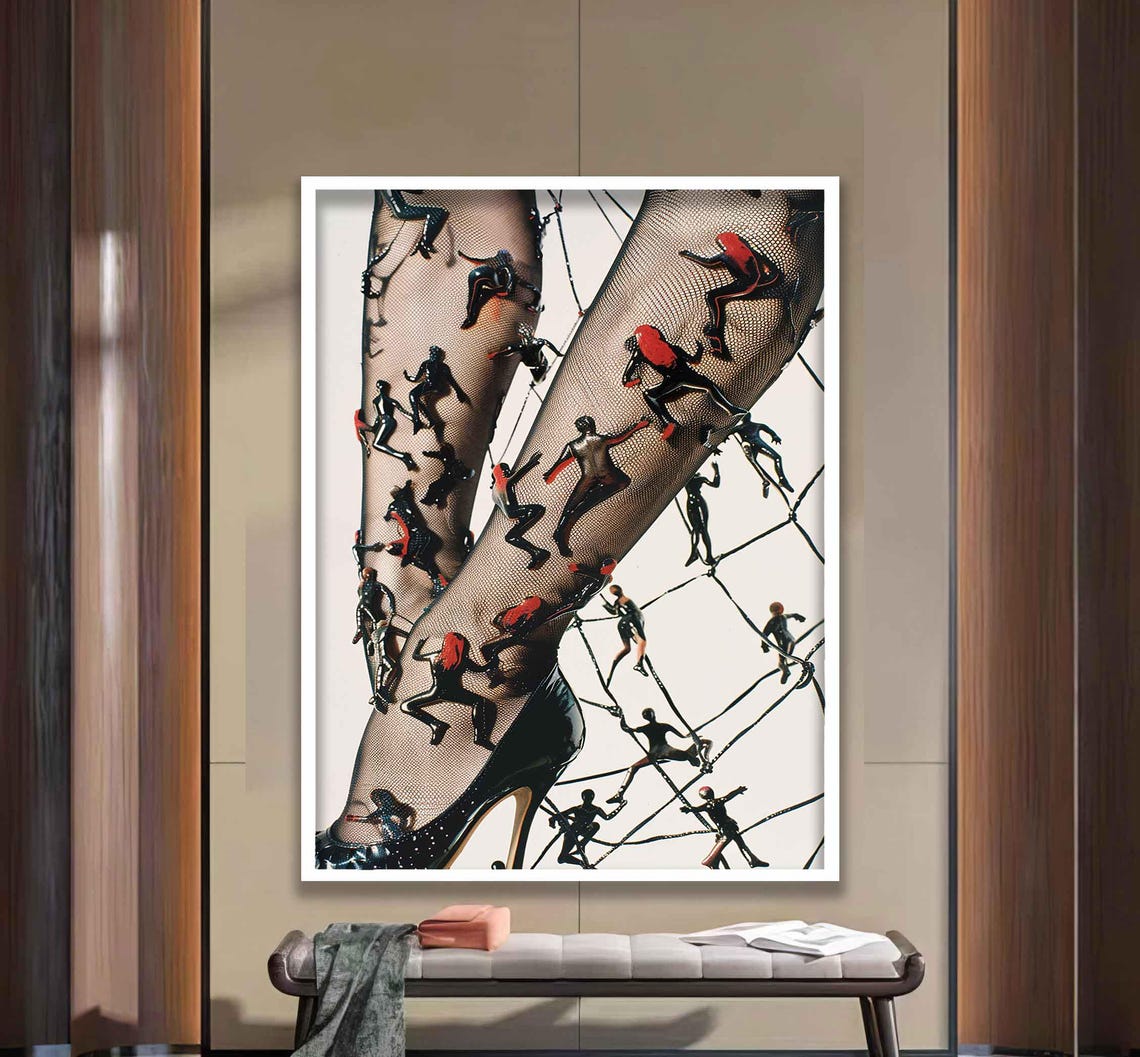 Tiny Figures Climbing Fishnet Stiletto Legs Surreal Art Poster - Image 3