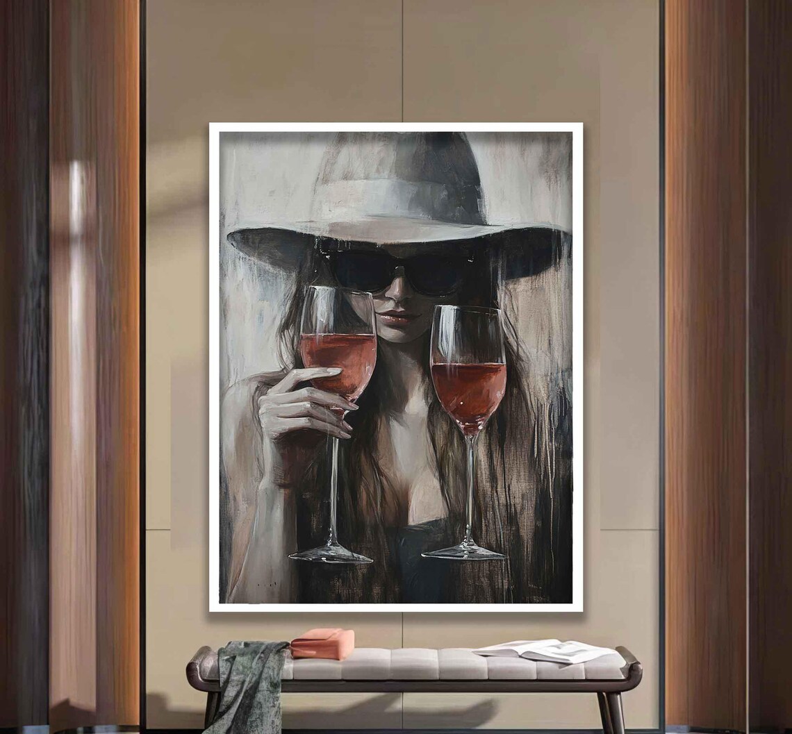 Stylish Woman In Hat And Sunglasses Holding Wine Glasses Poster - Image 2