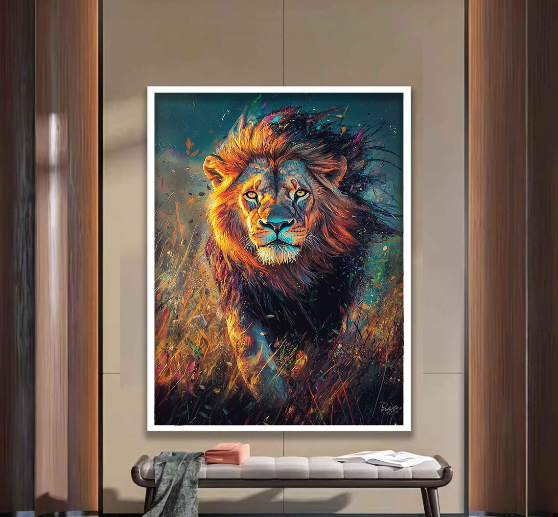 Lion Striding Through Tall Grass In Colorful Paint Splash Art Poster - Image 4