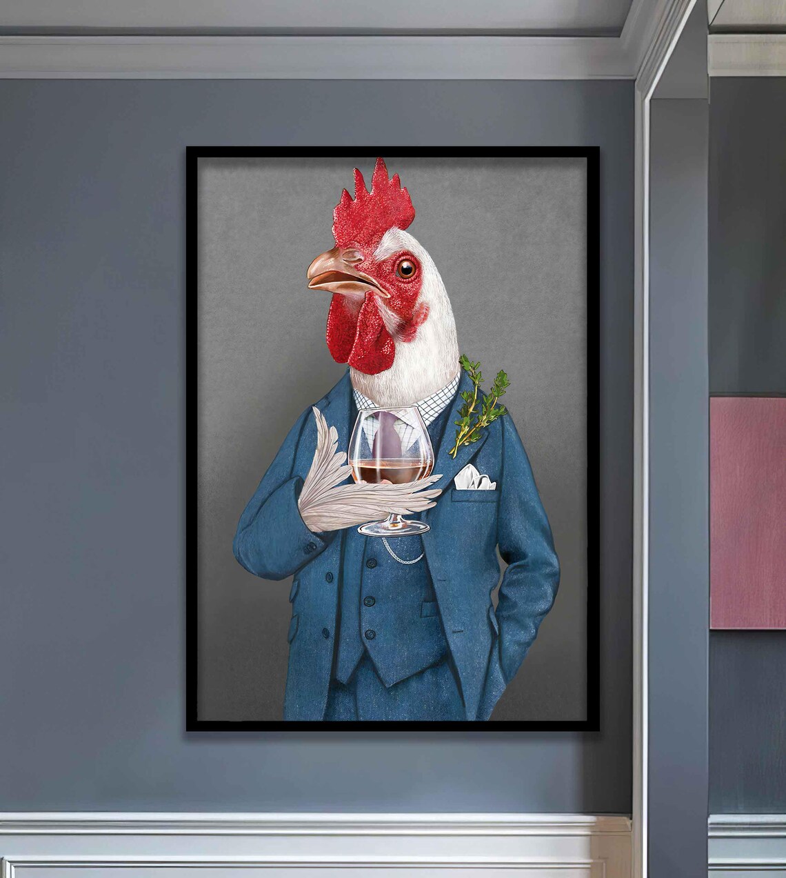Dapper Rooster in Blue Suit Holding a Brandy Glass Portrait Poster - Image 2