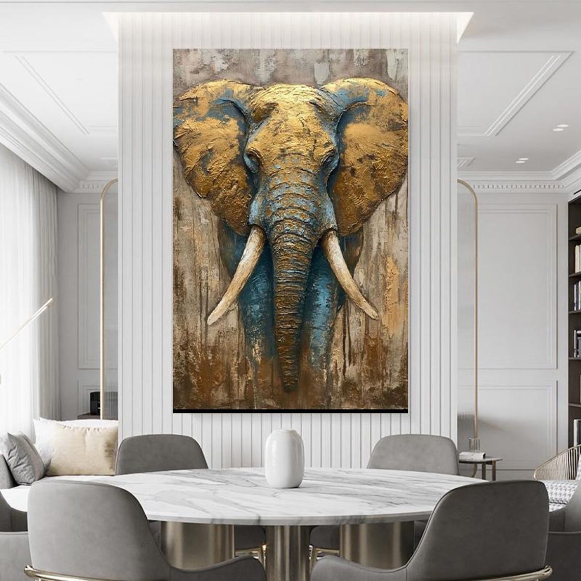 Textured Gold Blue Elephant Head Rustic Impasto Wildlife Poster - Image 4