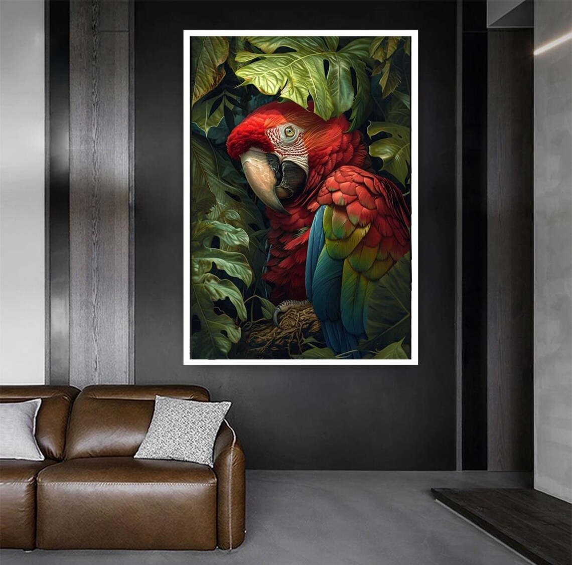 Scarlet Macaw Parrot Peeking Through Tropical Jungle Leaves Poster - Image 3