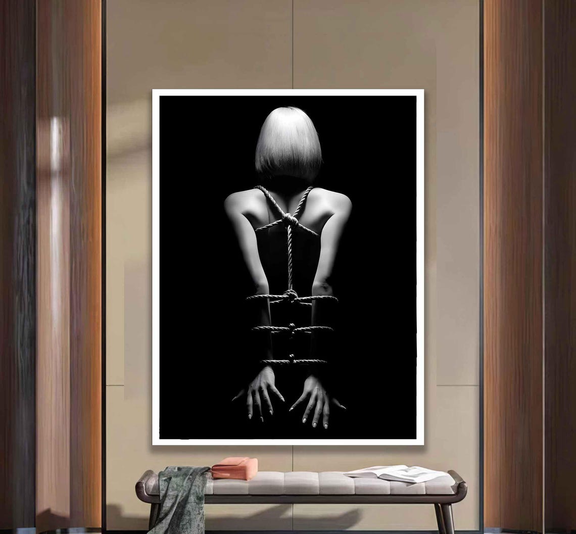 Standing Woman with Bound Arms Black White Shibari Art Poster - Image 2