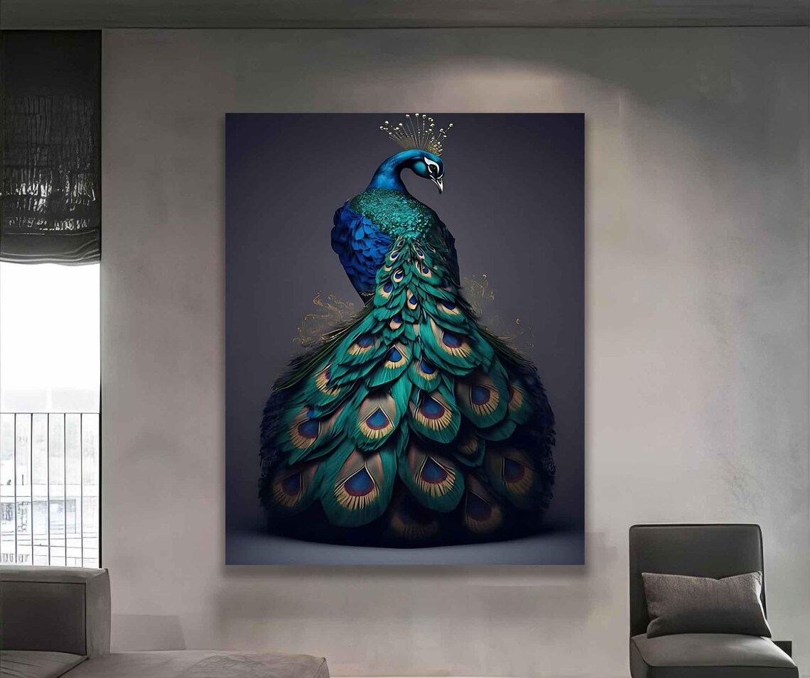 Majestic Blue Peacock with Fanned Iridescent Tail Feather Poster - Image 4