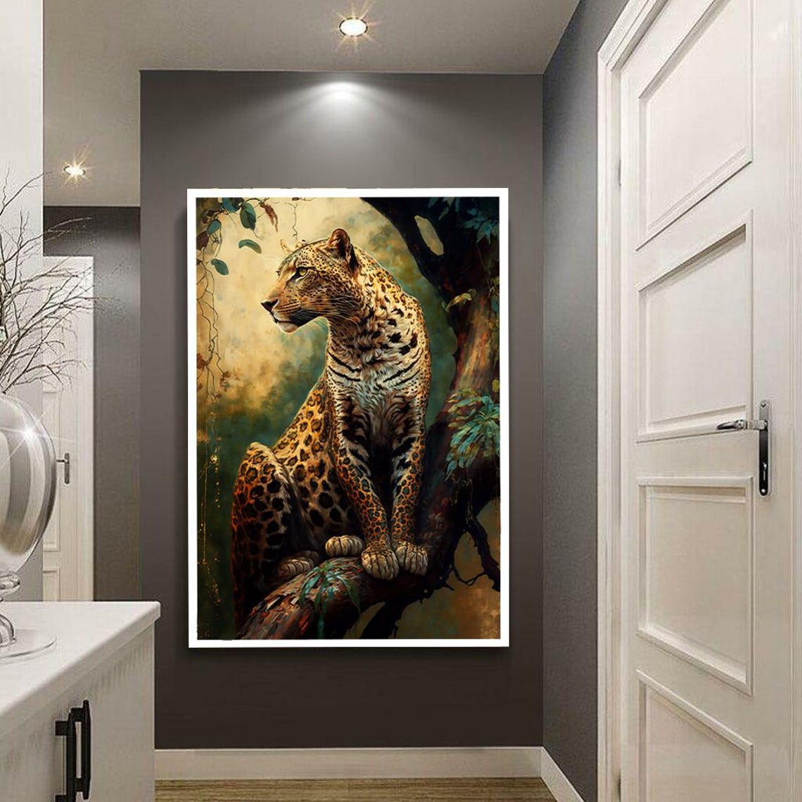 Spotted Leopard Sitting On A Tree Branch Wild Big Cat Art Poster - Image 3