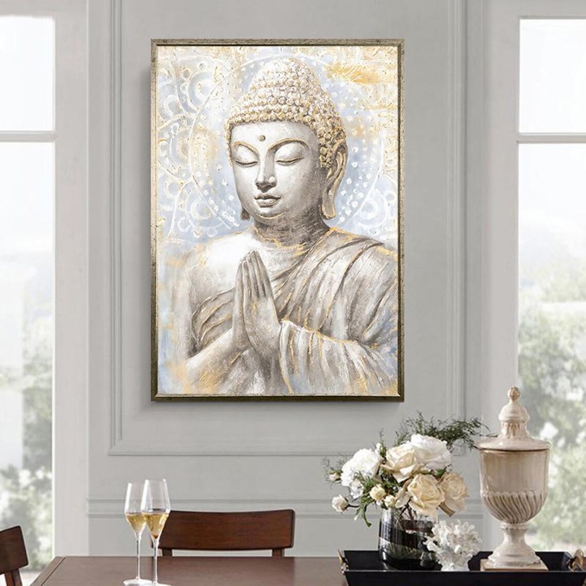 Serene Praying Buddha in White and Gold Spiritual Art Poster