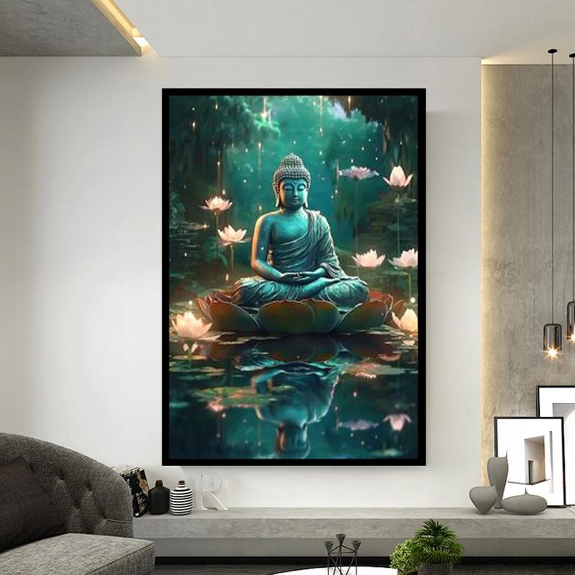 Buddha Meditating On A Lotus In A Glowing Mystical Pond Wall Art - Image 2