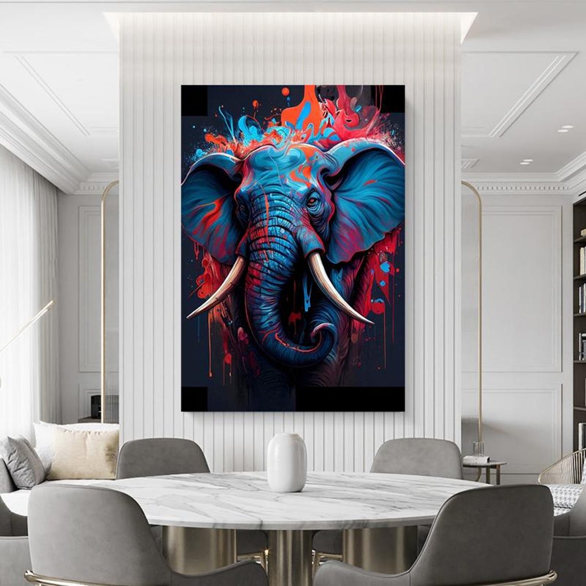 Blue Elephant Head With Red Paint Splashes Abstract Art Poster - Image 4