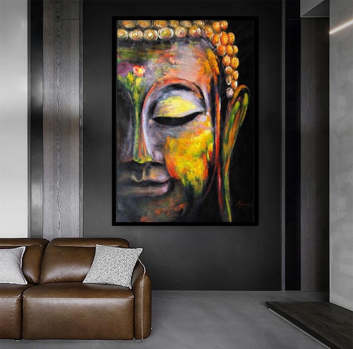 Vibrant Multicolor Painted Buddha Face Close-Up Spiritual Art Poster - Image 2