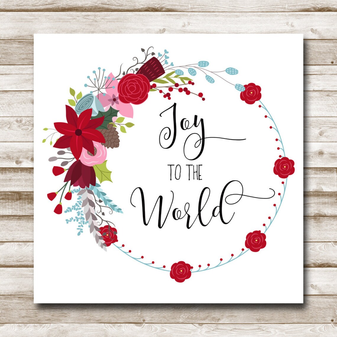 Joy to the World Red Poinsettia Floral Wreath Christmas Poster - Image 4