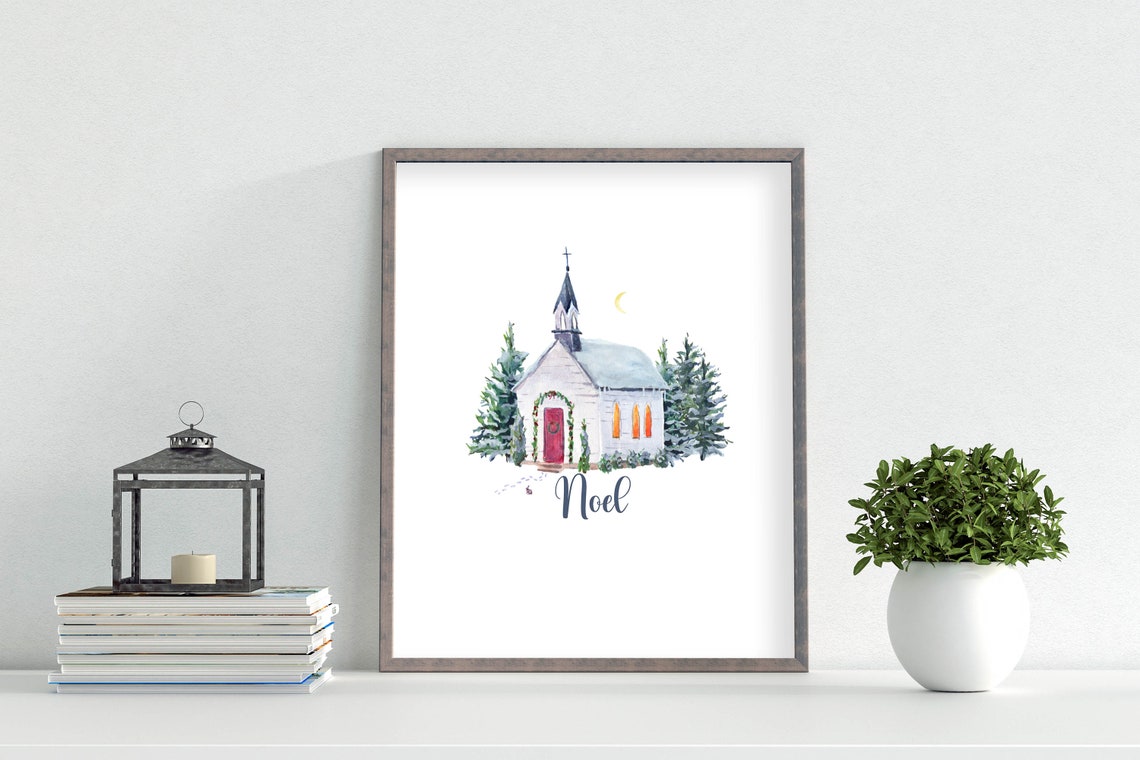 Noel Watercolor Church With Wreath Winter Christmas Night Poster - Image 2