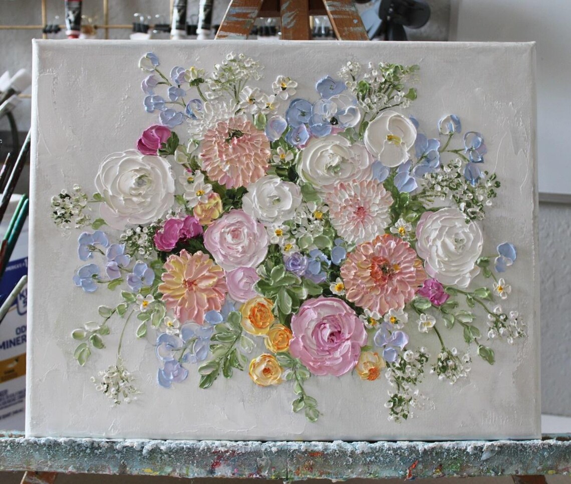 Bridal Bouquet Spray Oil Impasto Painting Custom Flower Original Painting Anniversary Flowers Baby Showers Florals Frame Not Included - Image 4
