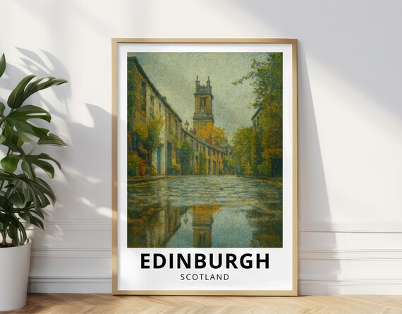 Edinburgh Scotland Travel Poster 2025 Oil Painting Rainy Street Print Vintage Cityscape Wall Art Cozy Moody Decor Gift Uk Europe