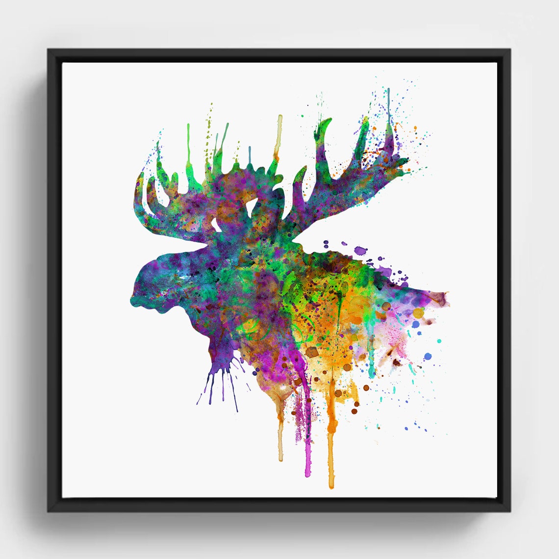 Colorful Moose Watercolor Splatter Rustic Cabin Wildlife Art Poster