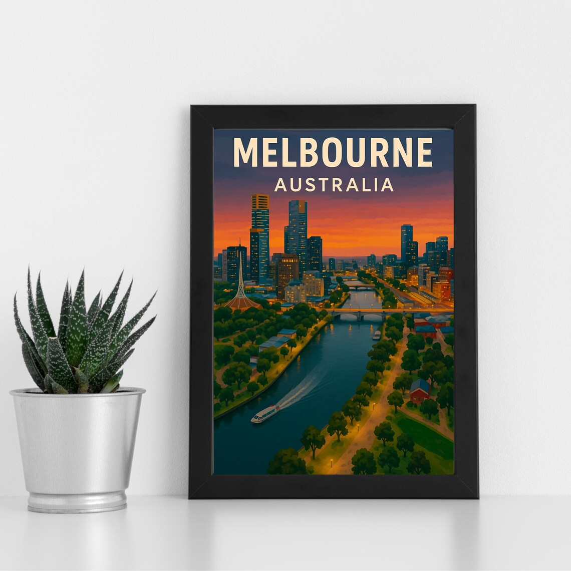 Melbourne Australia Sunset Skyline Yarra River Travel Poster