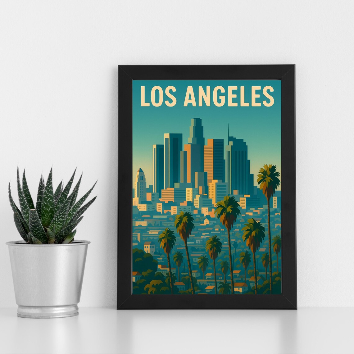 Los Angeles Downtown Skyline Palm Trees Sunset Travel Poster