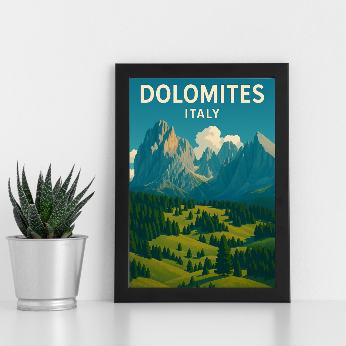 Dolomites Italy Retro Alpine Peaks Pine Valley Mountain Poster