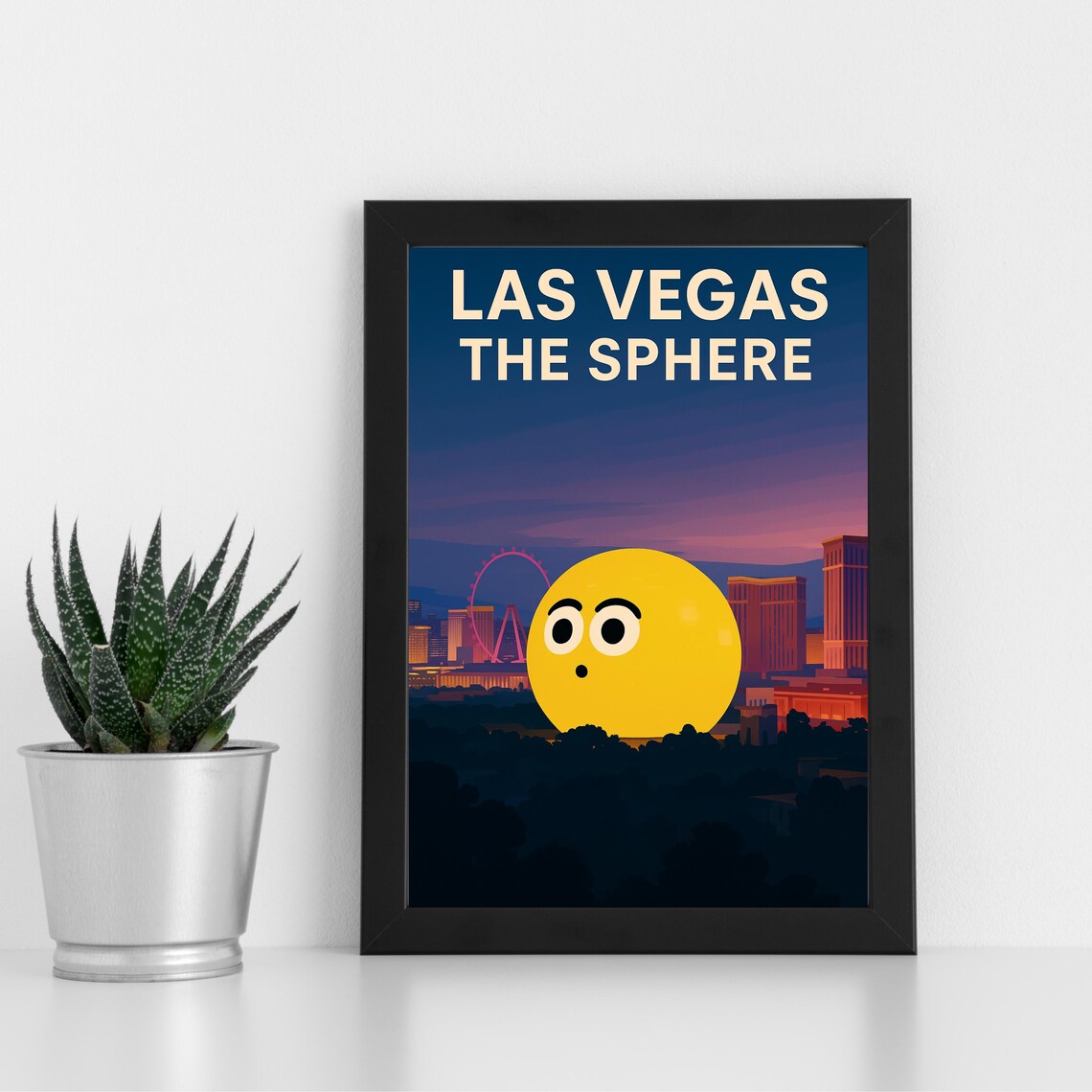 Las Vegas The Sphere Emoji Face at Night Skyline Travel Poster