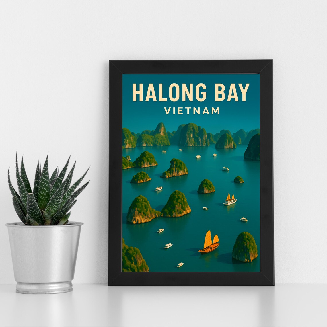 Halong Bay Vietnam Limestone Karst Islands Junk Boat Travel Poster