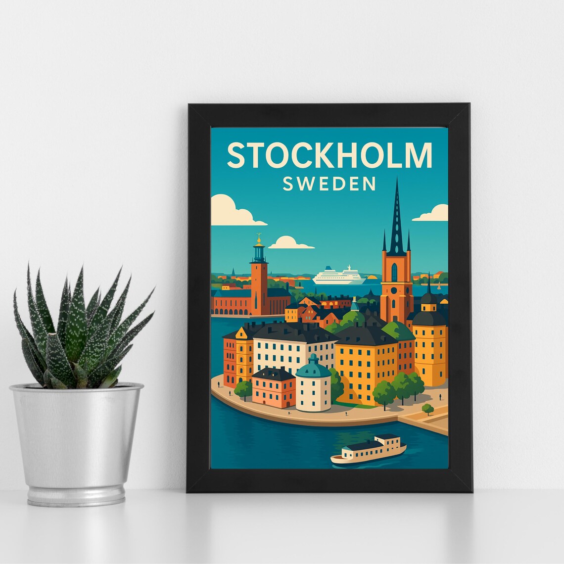 Stockholm Sweden Harbor Old Town Cruise Ship Vintage Travel Poster
