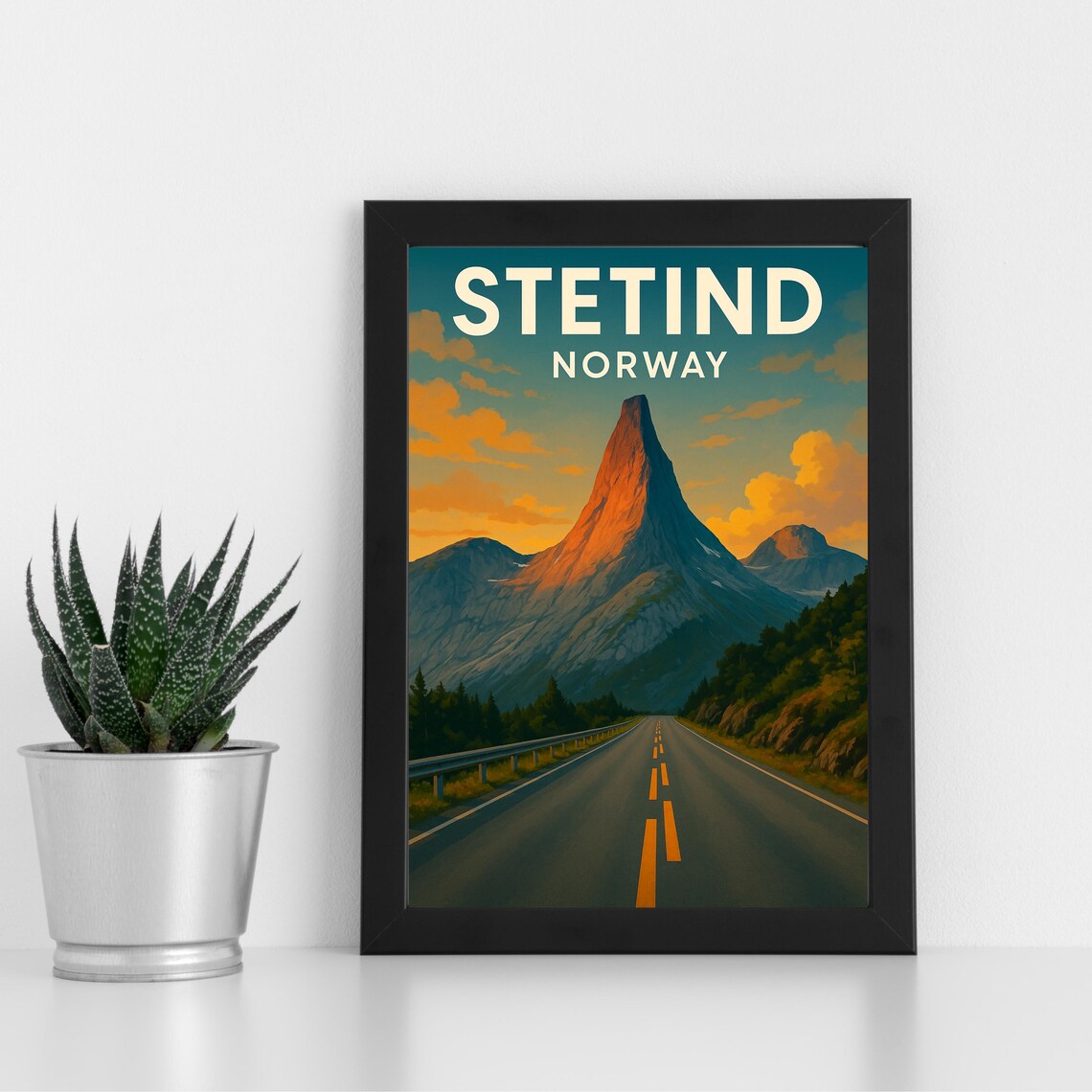 Stetind Norway Mountain Obelisk Sunset Road Vintage Art Poster
