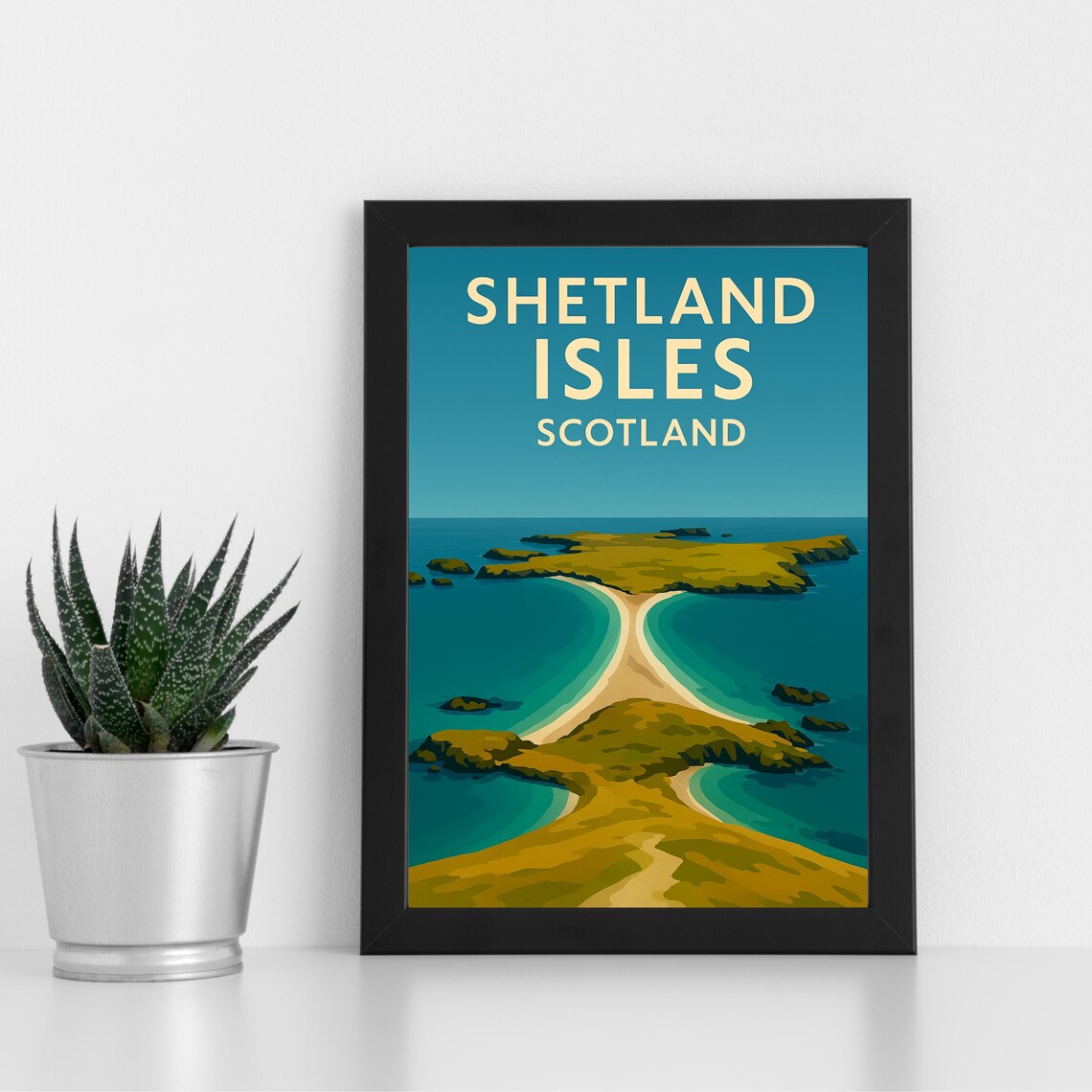 Shetland Isles Scotland Turquoise Twin Bays Vintage Travel Poster