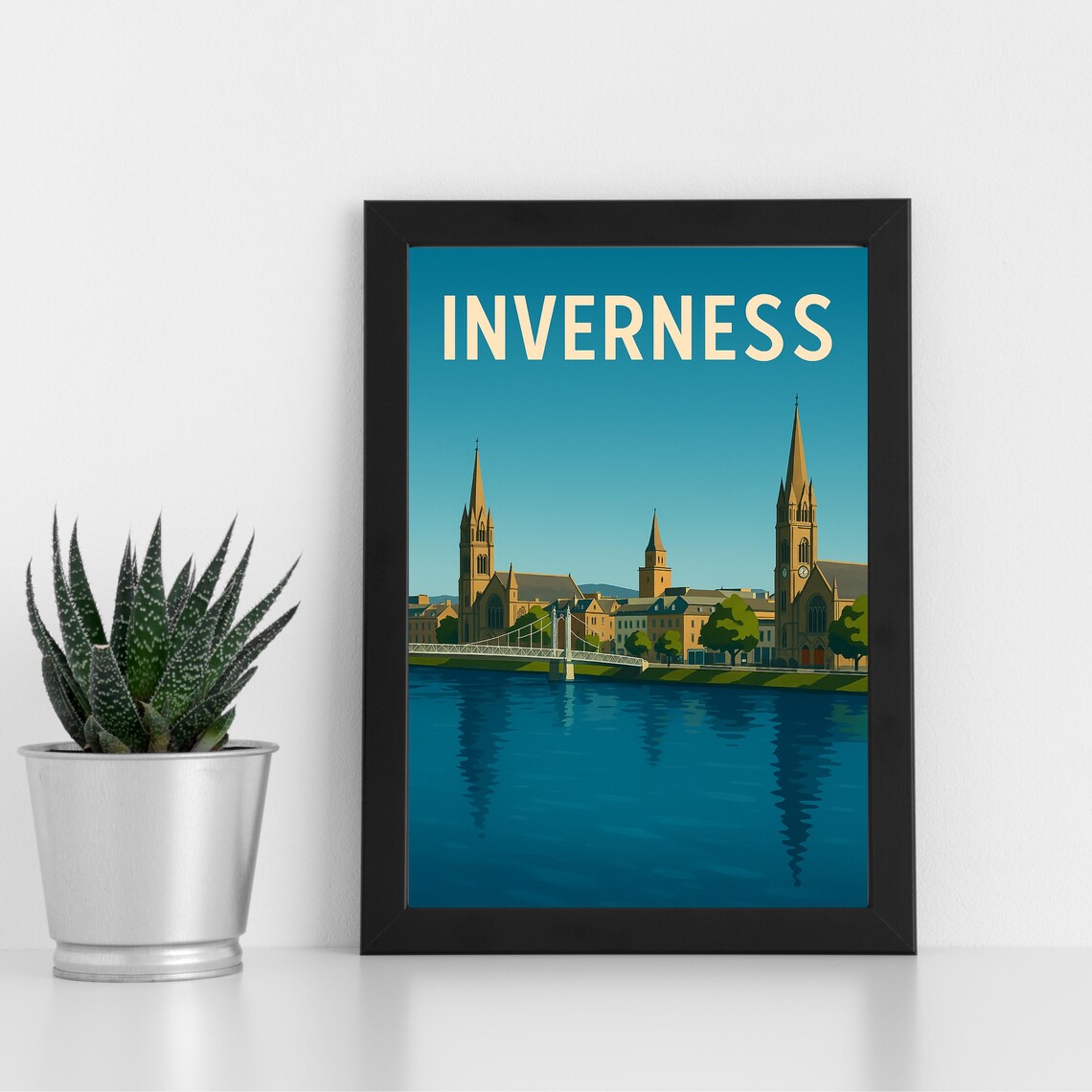 Inverness Scotland River Church Spires Retro Vintage Travel Poster