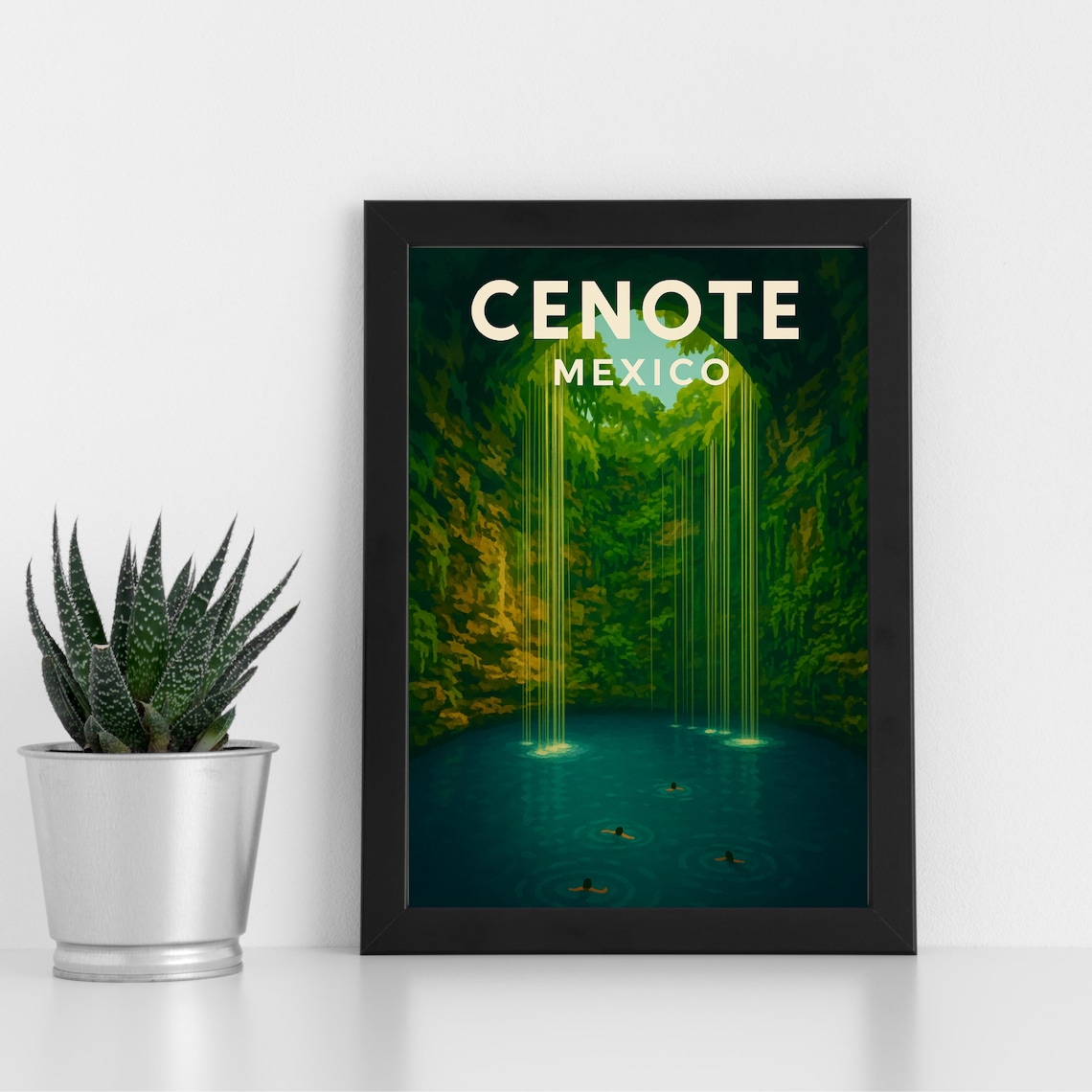 Cenote Mexico Lush Jungle Pool Light Beams Vintage Travel Poster