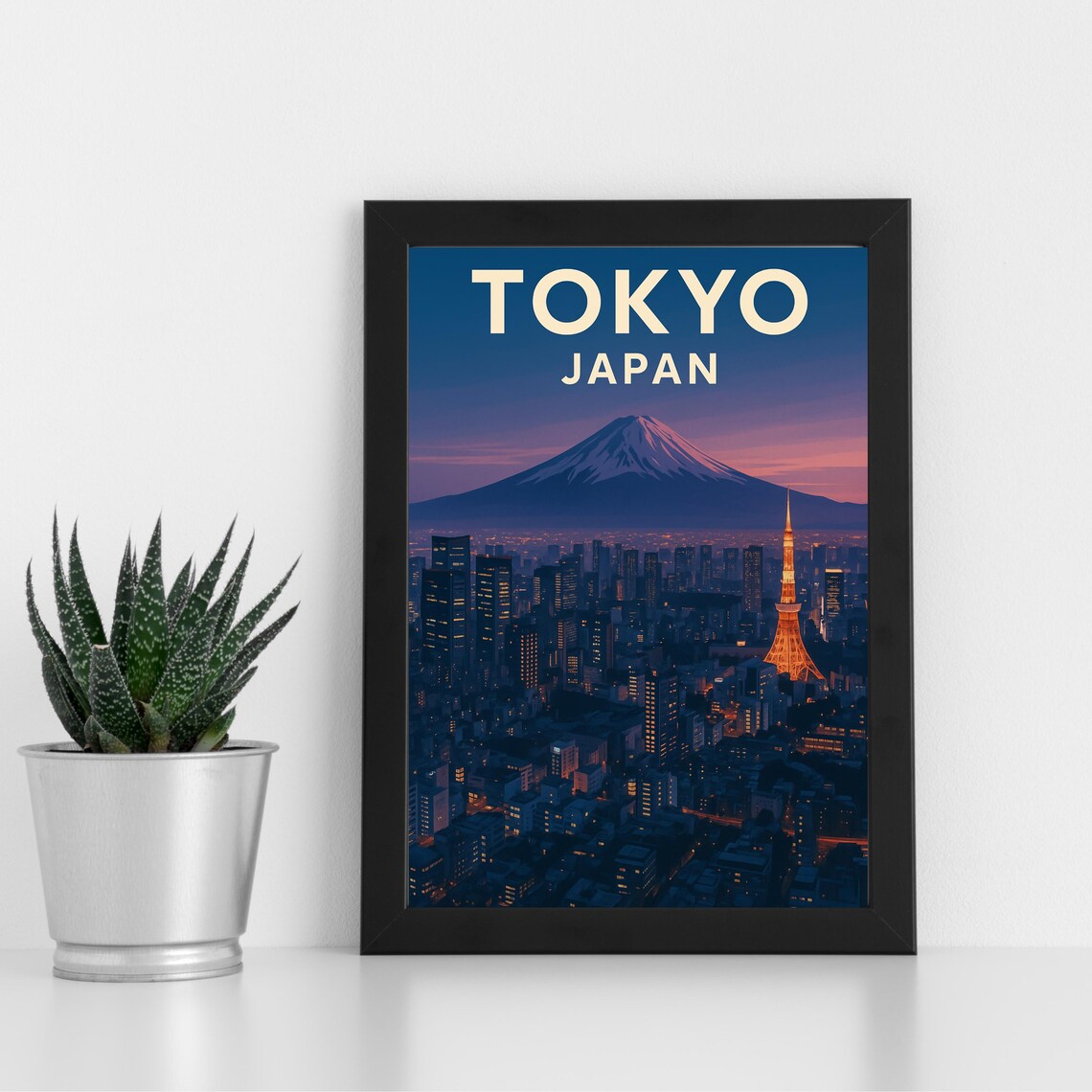 Tokyo Japan Night Skyline With Tower and Mount Fuji Art Poster
