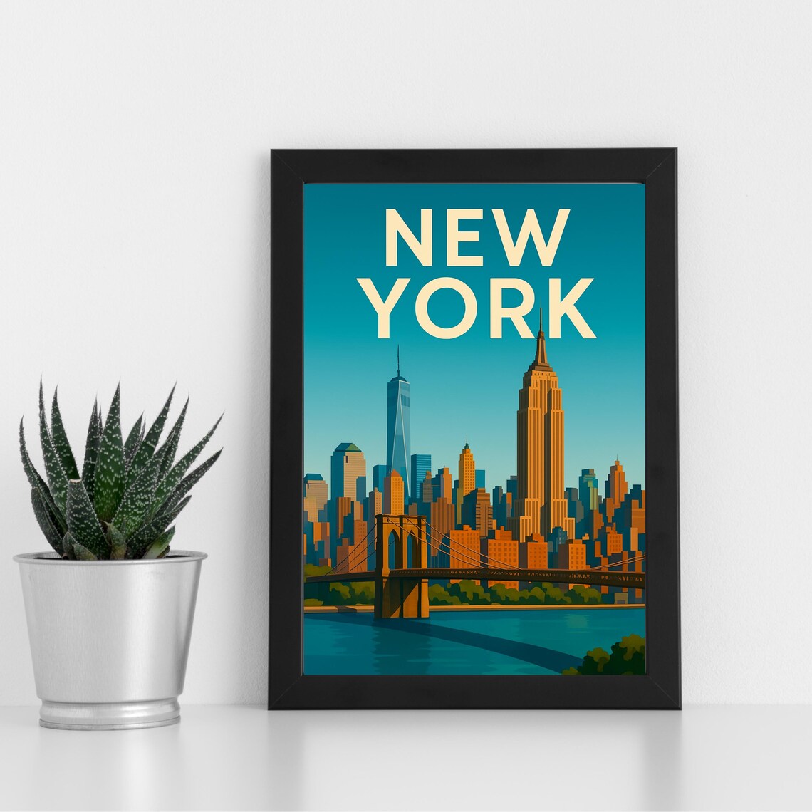 New York City Skyline with Brooklyn Bridge Vintage Travel Poster