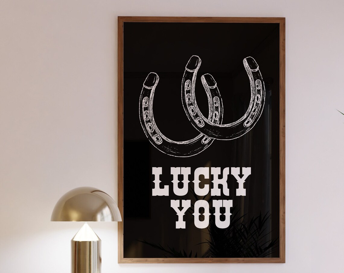 Lucky You Horseshoe Sketch Western Charm Quote White On Black Poster - Image 3