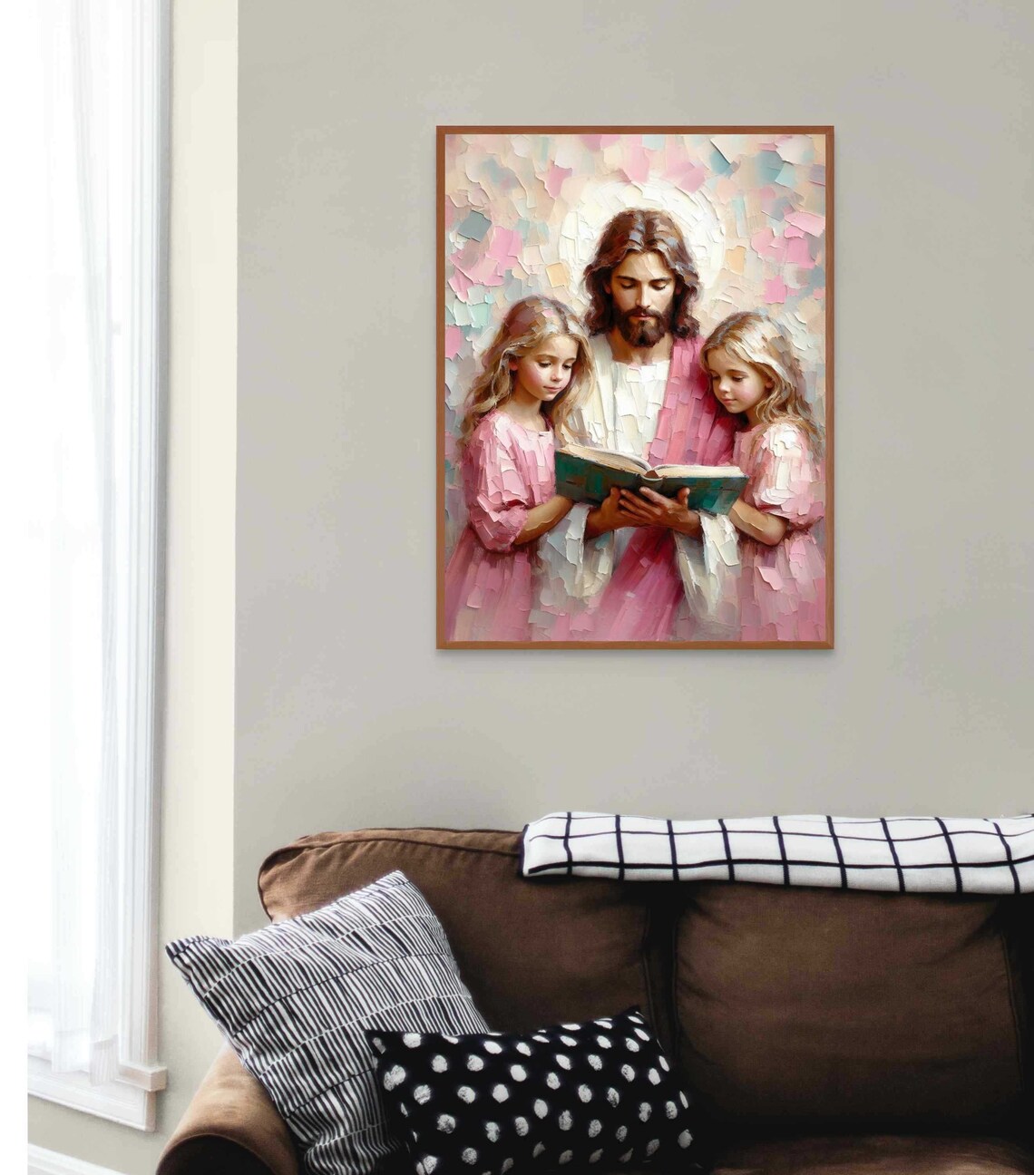 Jesus Reading Bible With Two Little Girls Pastel Painting Poster - Image 3