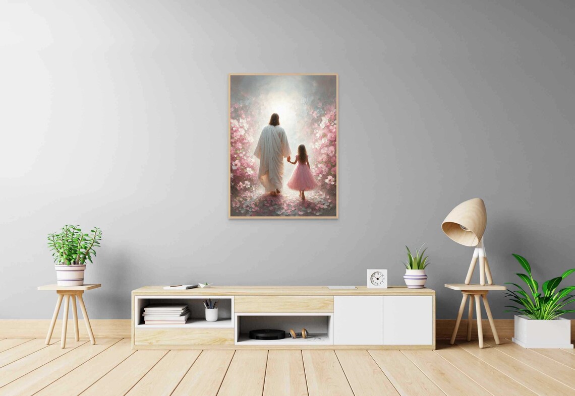 Jesus And Little Girl Walking Hand In Hand Into Heavenly Light Pink Blossom Poster - Image 5