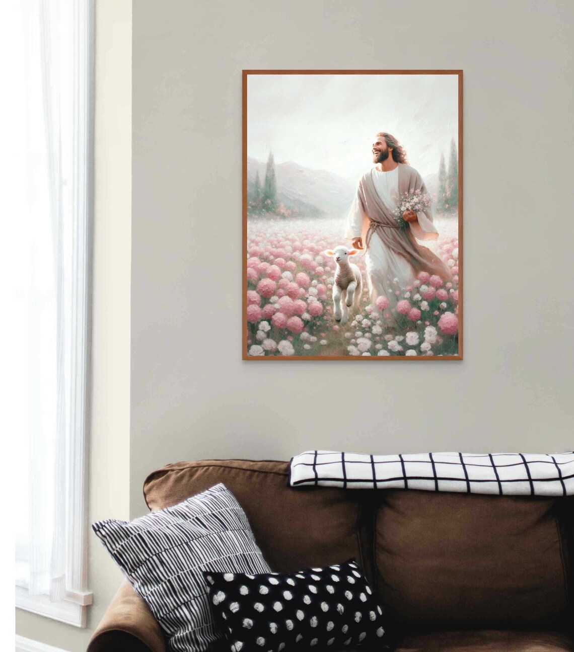 Jesus Good Shepherd Smiling Lamb Pink Flower Field Mountain Christian Print