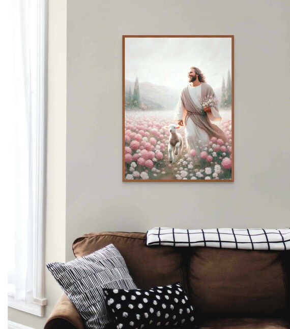 Jesus Good Shepherd Smiling Lamb Pink Flower Field Mountain Christian Print