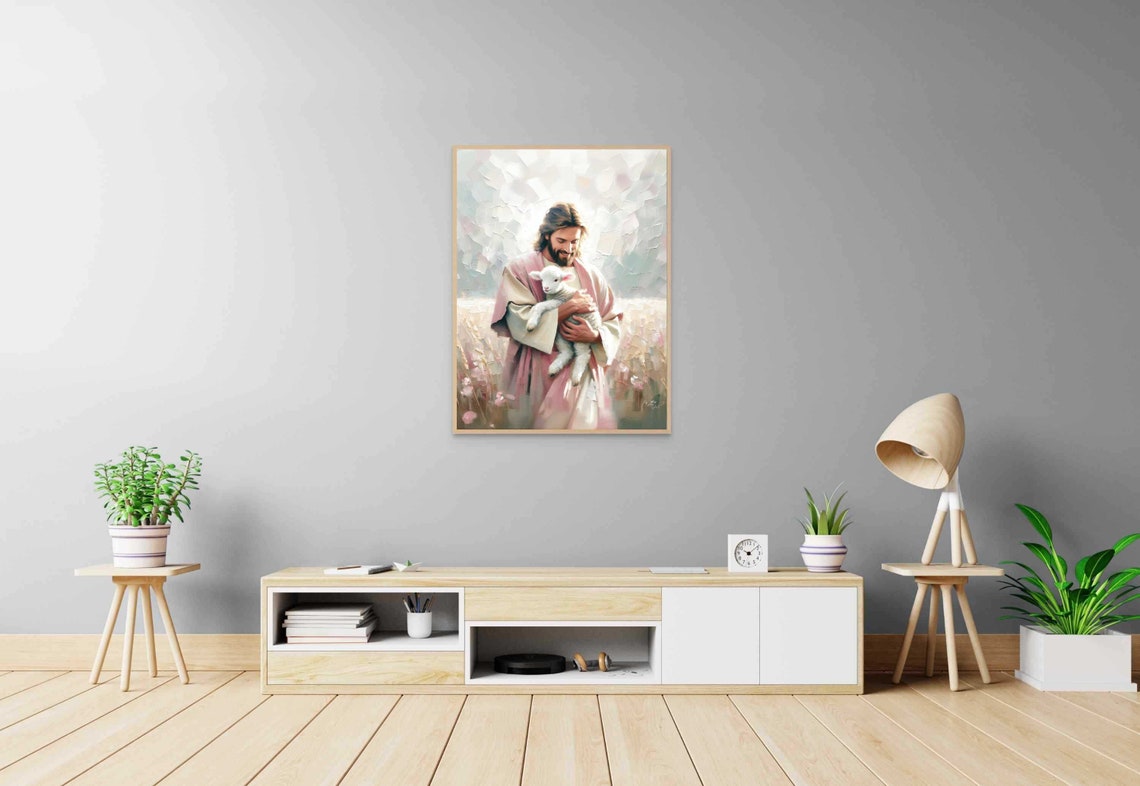 Jesus Standing in Flower Field Holding Lamb Pink Robe Art Poster - Image 6