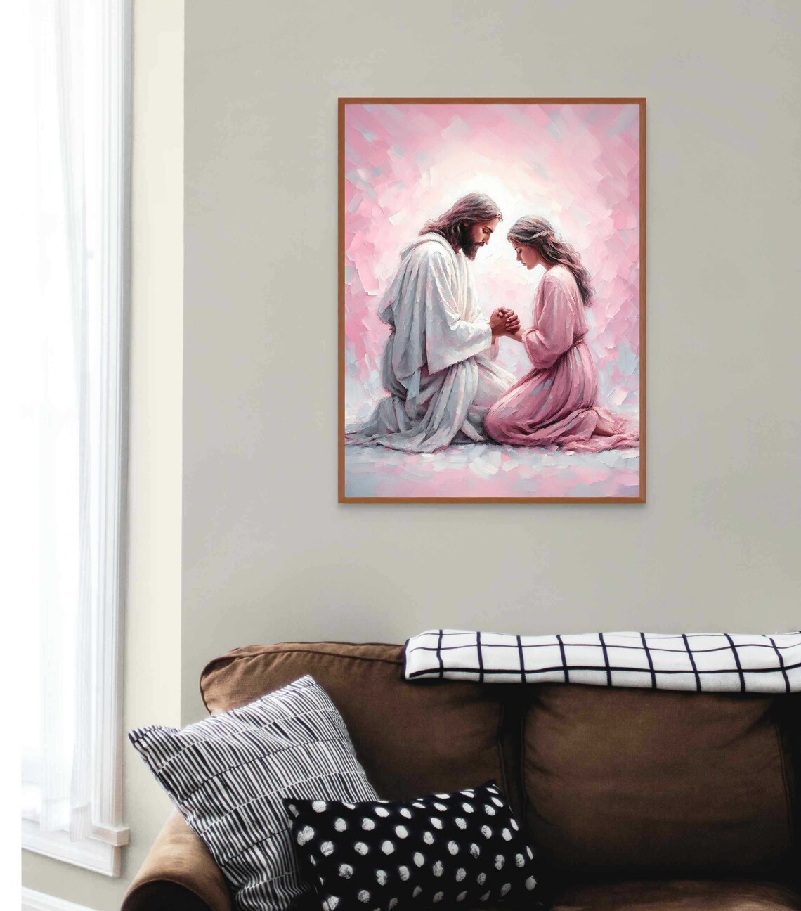 Jesus Praying With Woman Kneeling in Pink Glow Prayer Art Poster - Image 3