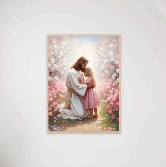 Jesus Kneeling Hugging Little Girl Cherry Blossom Path Tender Christian Print